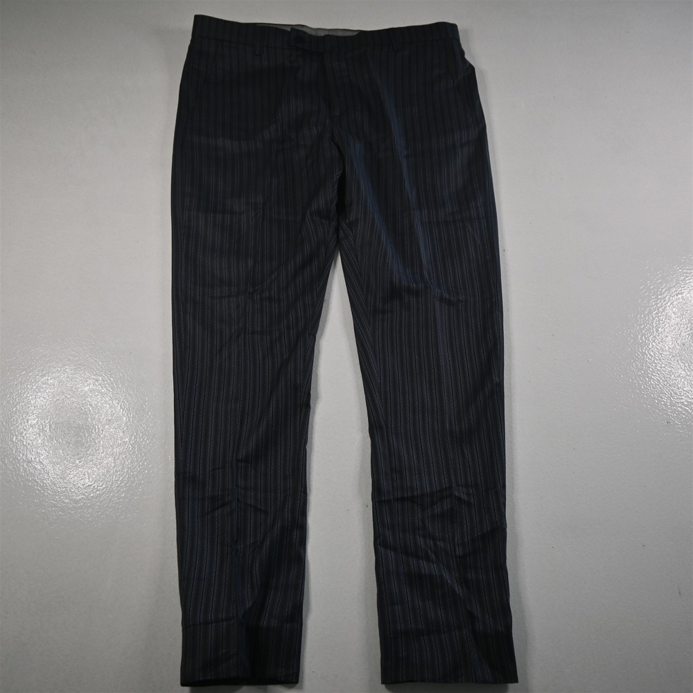 Bespoke 36x32 Blue Black‎ Striped Flat Front Slim Tapered Fit Mens Pants